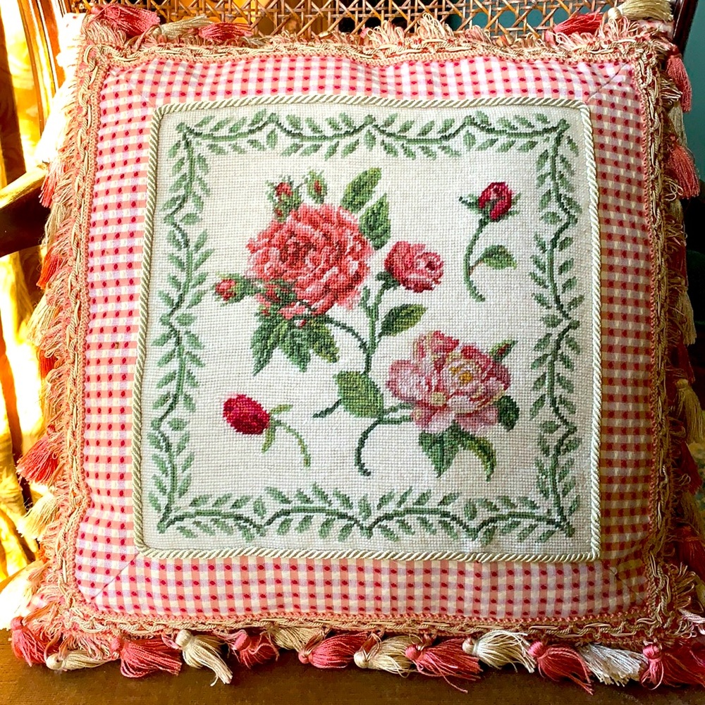 Needlepoint Rose Pillow with Fringe Border 🥀